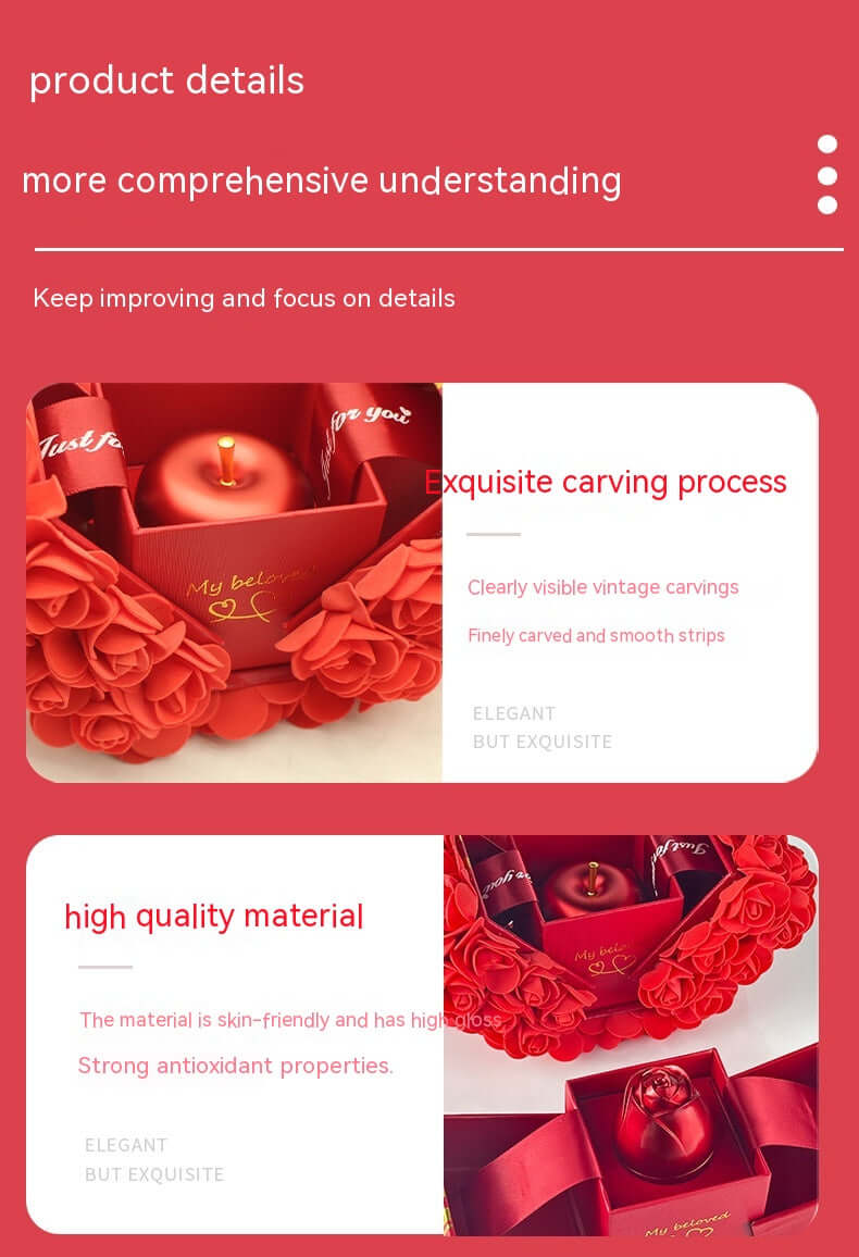 Handmade rose gift box with crystal pendant, highlighting exquisite carving process and high-quality materials.