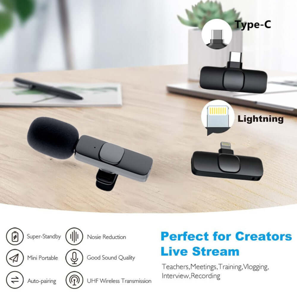 Wireless clip-on microphone with noise reduction for live streaming and content creation.