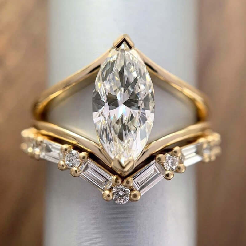 Women's Gold Zircon Geometric Ring Set – 2-Piece Marquise Cut Alloy Rings (Sizes 5–13) - All you Need
