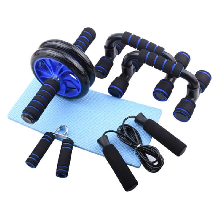 Home gym fitness equipment including an ab roller, resistance bands, and grips for effective training.