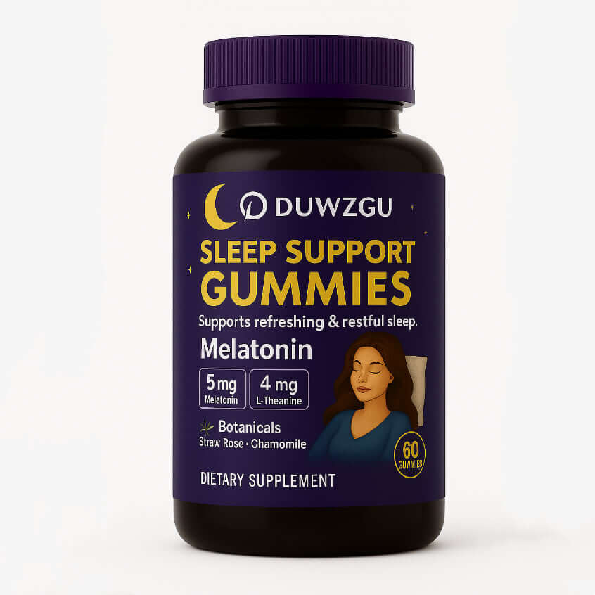 Melatonin sleep support gummies bottle with natural ingredients for restful sleep and relaxation.