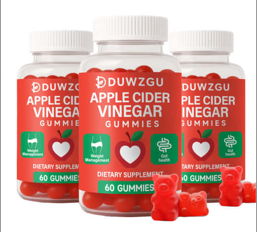 Three bottles of apple cider vinegar gummies for digestive health, featuring red soft candy gummies for gut wellness.