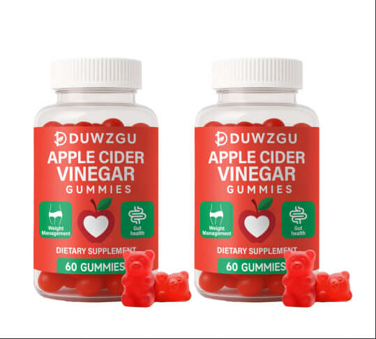 Apple cider vinegar gummies for digestive health in a bottle with red gummy shapes, supporting gut health and wellness.
