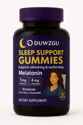Melatonin sleep support gummies bottle promoting restful sleep and relaxation with 5 mg melatonin per serving.