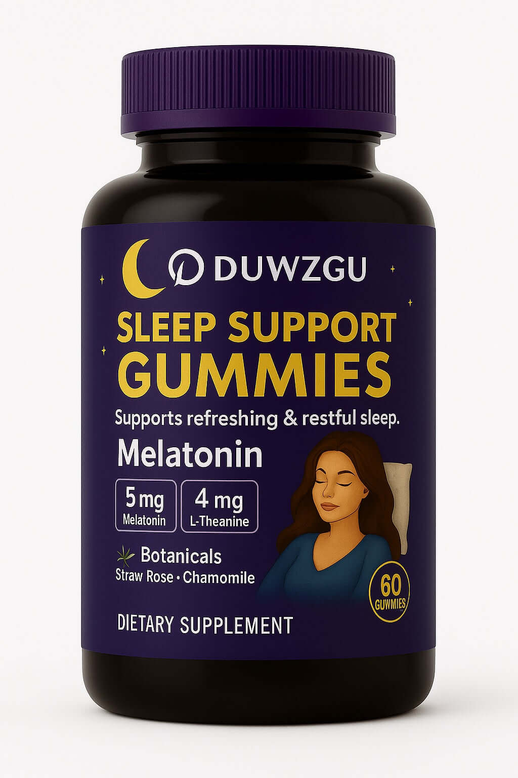 Melatonin sleep support gummies bottle promoting restful sleep and relaxation with 5 mg melatonin per serving.