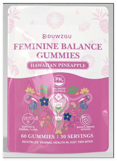 Feminine Balance Gummies in Hawaiian Pineapple flavor for vaginal health support and immune defense.