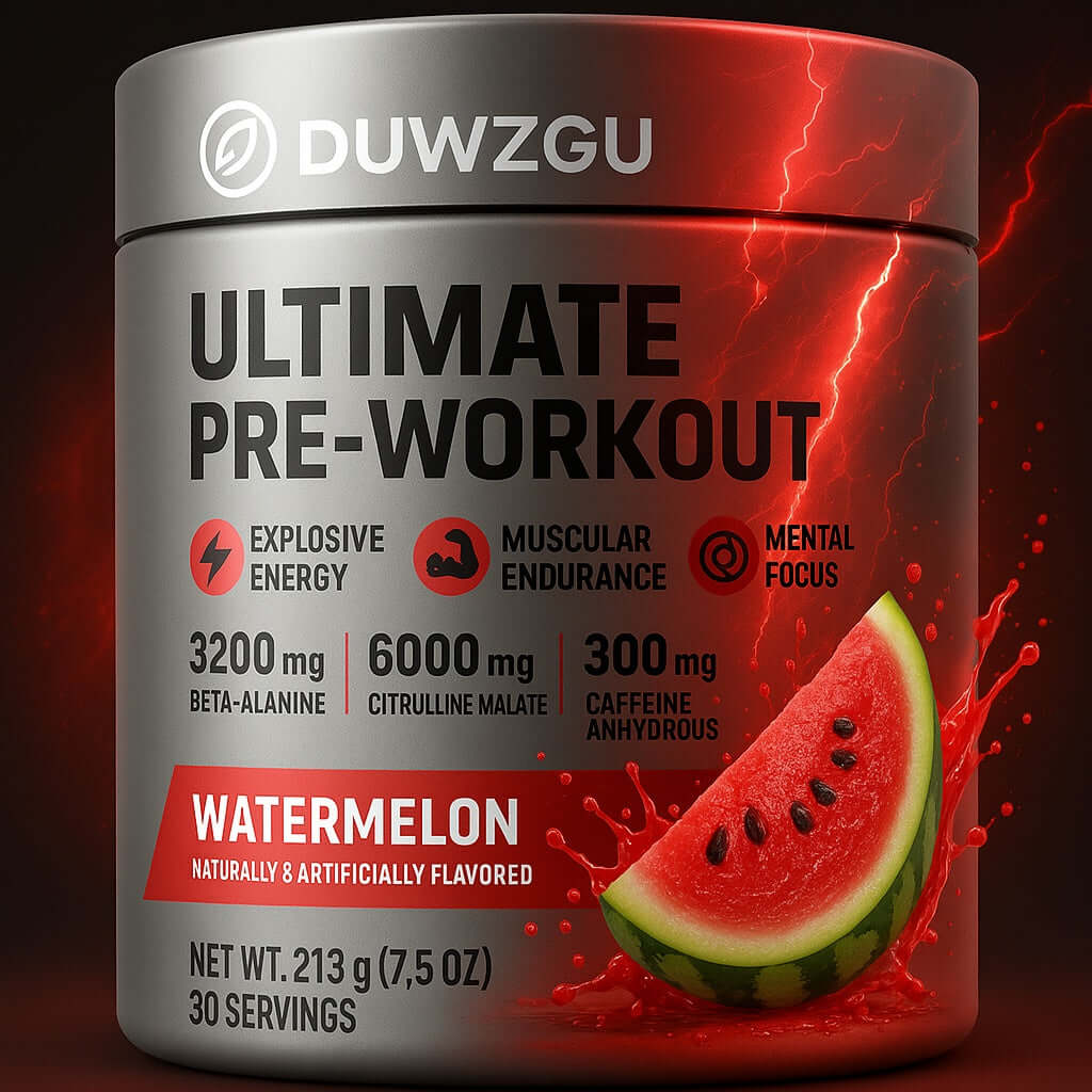 Caffeine pre-workout supplement in a watermelon flavor, featuring explosive energy and muscular endurance.