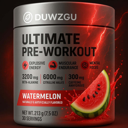 Caffeine pre-workout supplement in a watermelon flavor, featuring explosive energy and muscular endurance.