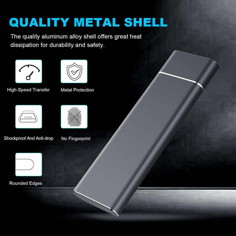 High-speed solid state drive with quality metal shell for durability and heat dissipation.