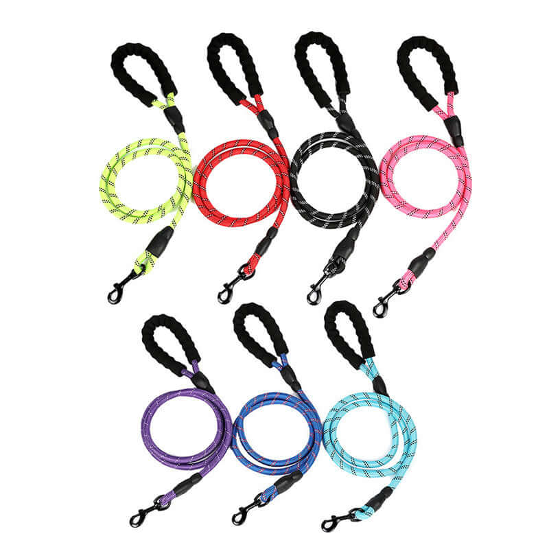 Variety of colourful dog leashes featuring comfortable handles and durable materials for pet walks.