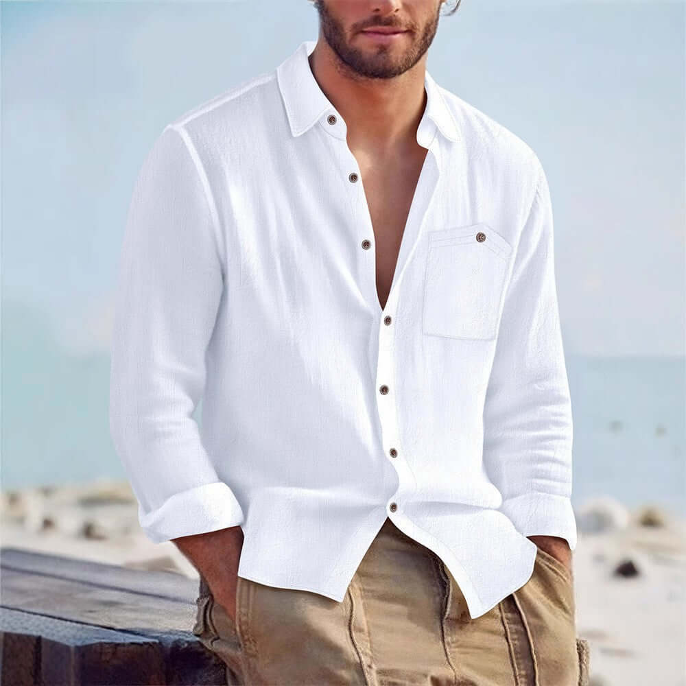 Men's Linen Blend Long-Sleeve Cardigan Shirt – Open Front in 7 Colours - All you Need