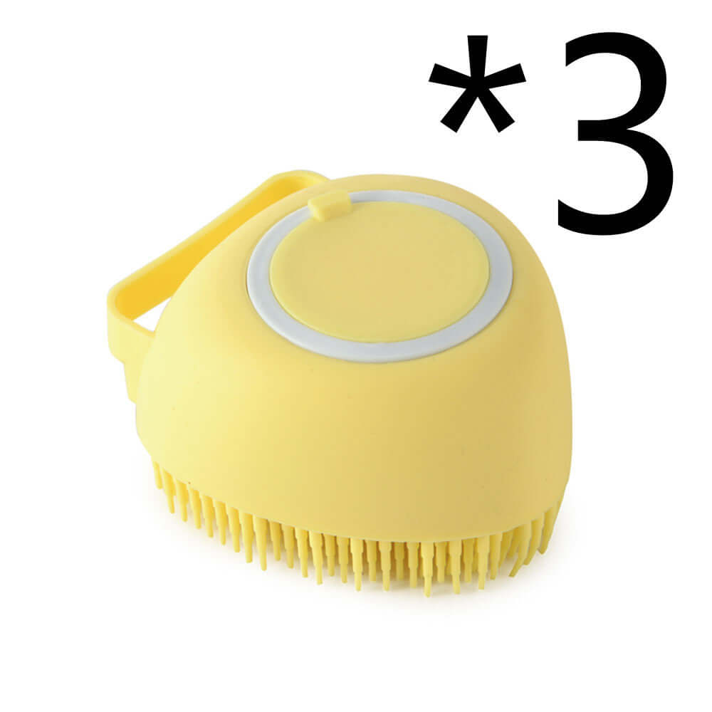 Silicone dog bath massage gloves for grooming, featuring a yellow handheld design with soft bristles to clean pets.