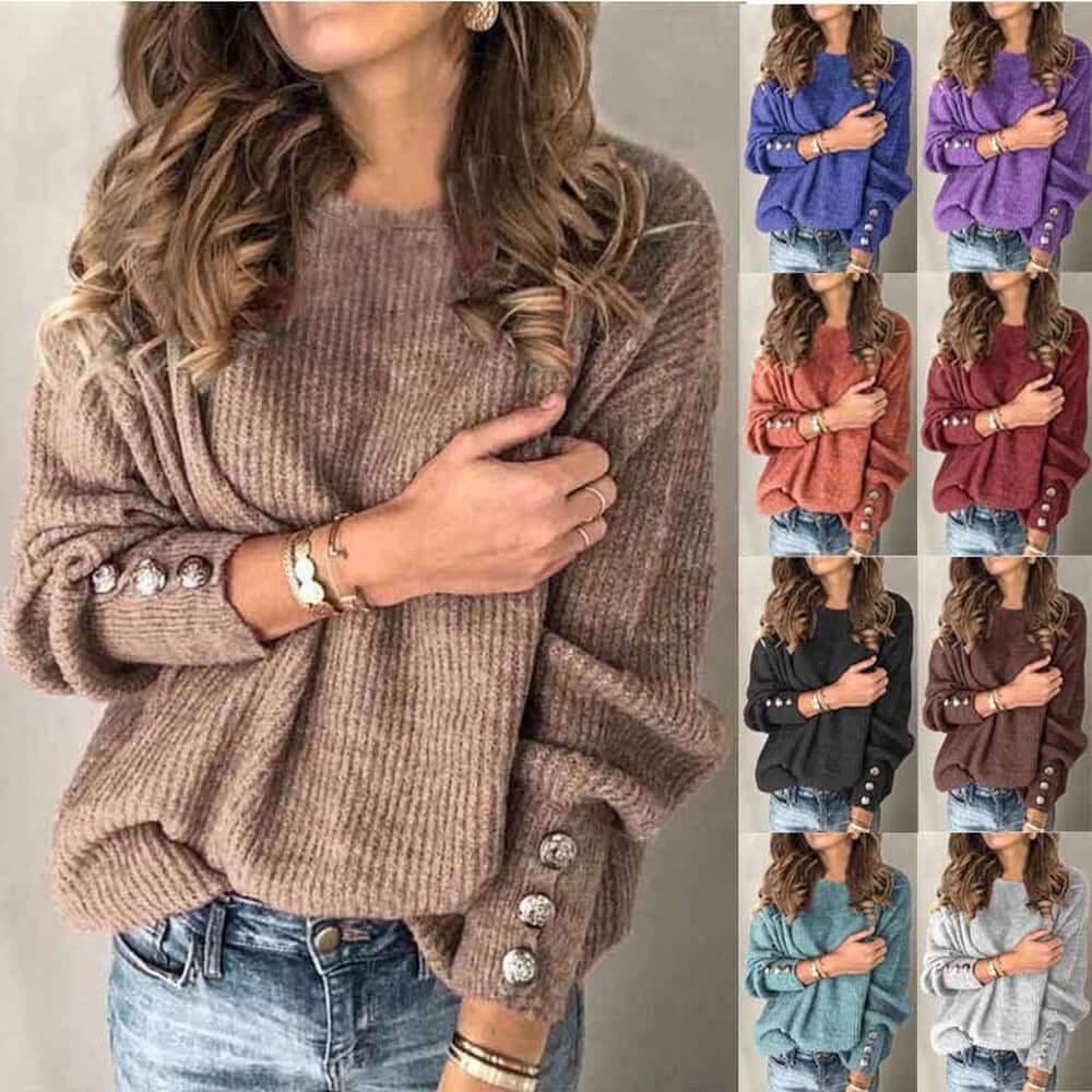Long sleeve round neck t-shirt displayed in various colors, featuring a loose fit and button detail on sleeves.