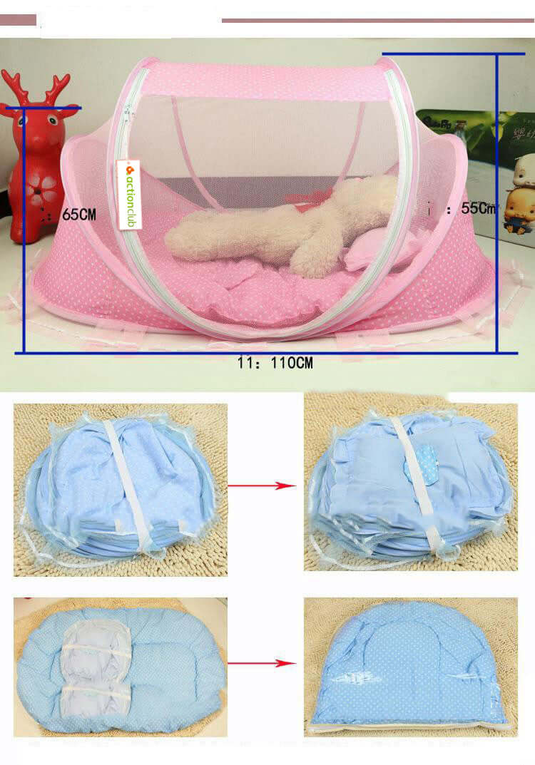 Portable baby mosquito net bed shown in pink with a plush toy, demonstrating its foldable and spacious design.