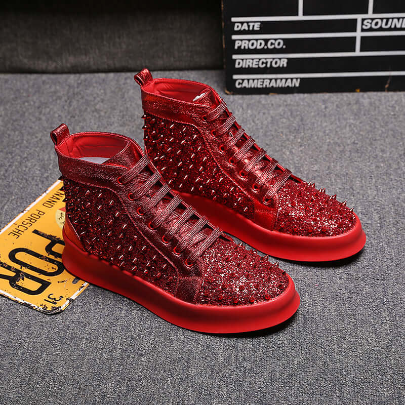 Classic leather dress shoes in red with studs for a bold, stylish look, perfect for formal events and parties.