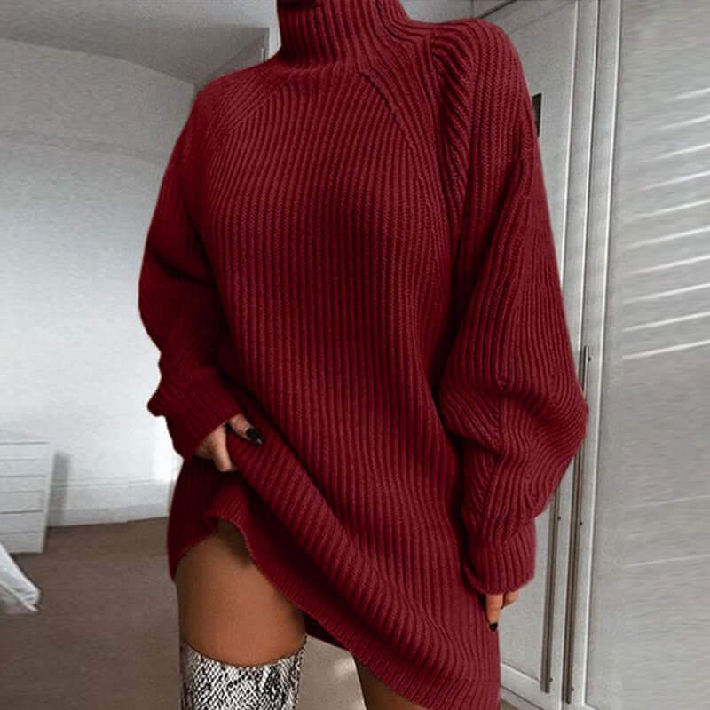 Turtleneck Sweater Dress – Solid Colour Women's Knit Midi Dress - All you Need