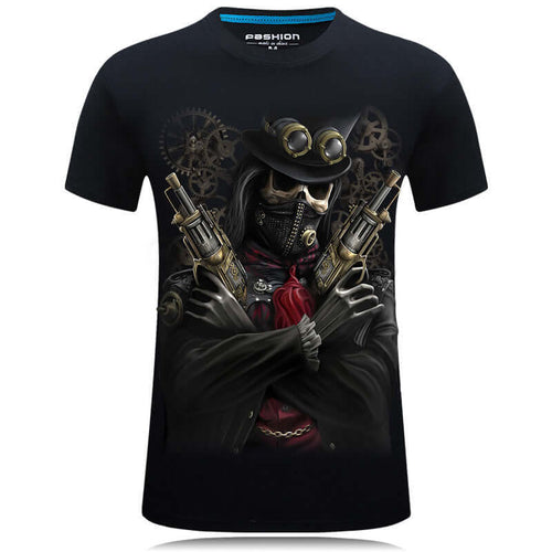 3D graphic t-shirt featuring a steampunk design with characters and pistols on a black background.