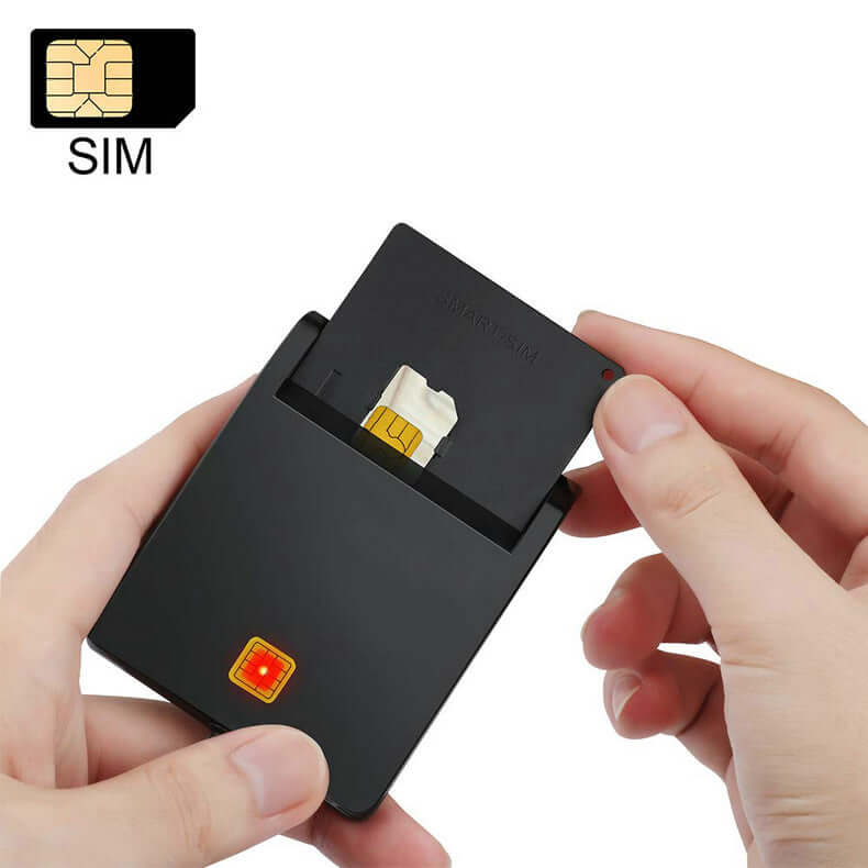 USB multi-format card reader with SIM card slot being held in hand for easy file transfer.