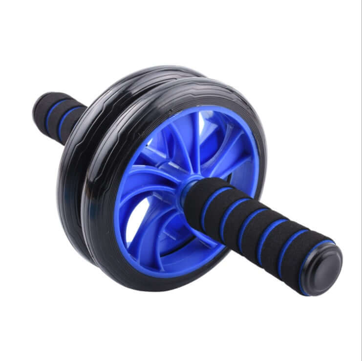Home gym fitness equipment: blue and black ab roller for strength training and core conditioning.