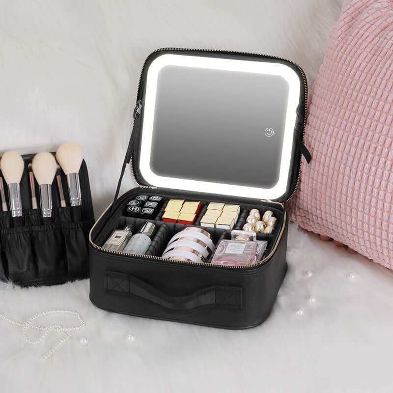 Smart LED Lighted Makeup Case – Large Capacity PU Leather Cosmetic Bag with 4K Mirror & Adjustable Fill Light - All you Need
