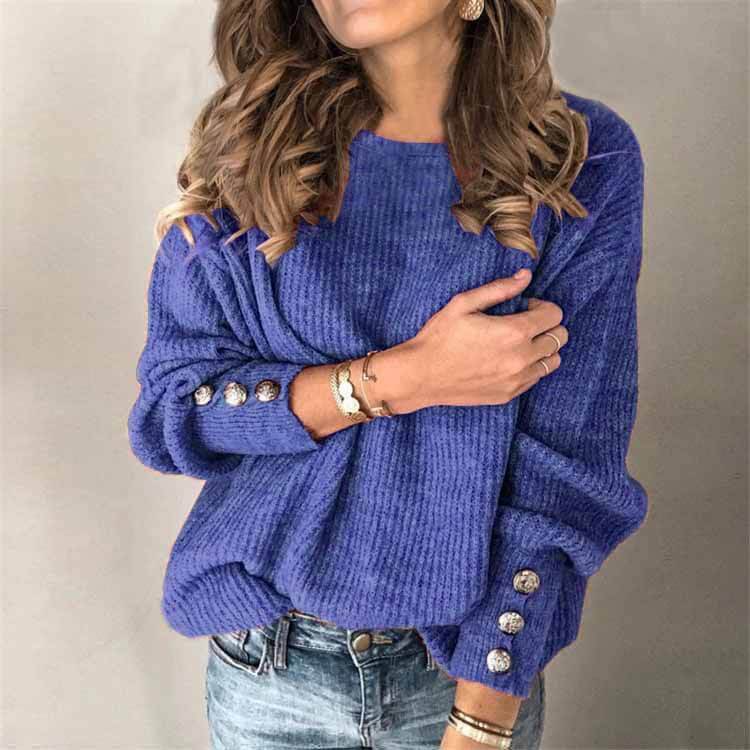 Long sleeve round neck t-shirt in cozy purple knit, styled with buttons on sleeves, perfect for casual wear.