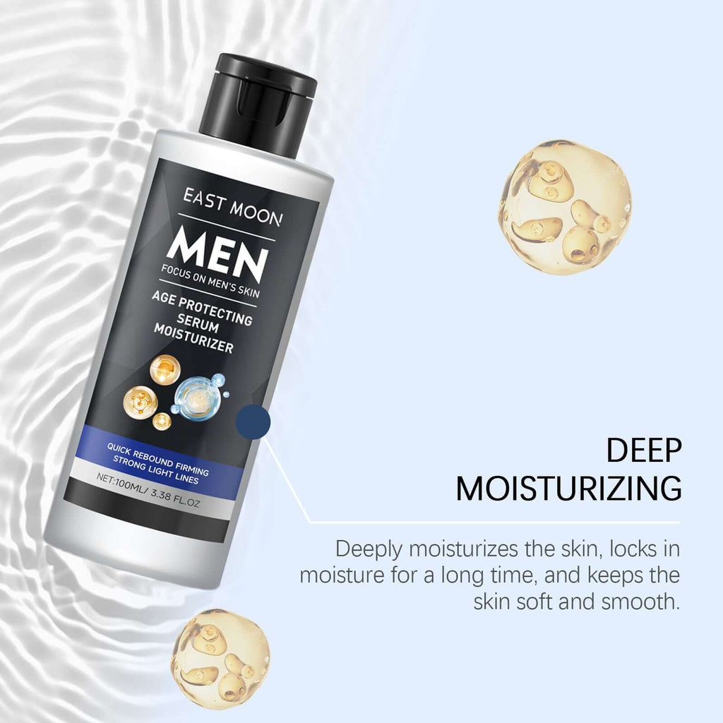 Men's deep cleansing face treatment by East Moon, age protecting serum moisturizer for deep moisturizing.