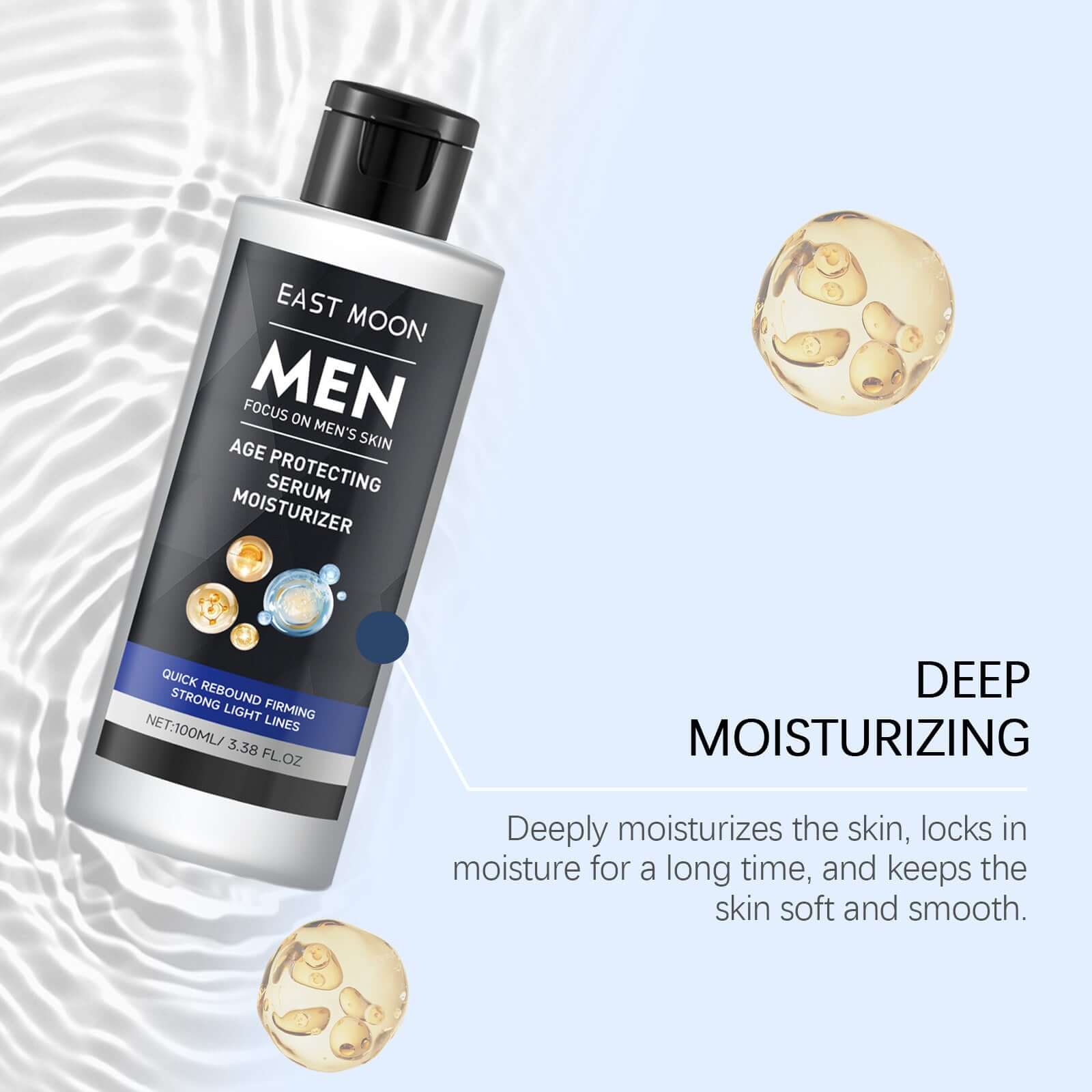 Men's deep cleansing face treatment by East Moon, age protecting serum moisturizer for deep moisturizing.