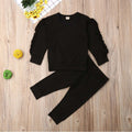 Kids ruffle sweatshirt set featuring a black cotton jumper and matching pants, perfect for boys and girls.