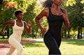 Women running in a park wearing a womens sleeveless vest bodysuit in different colors, showcasing comfort and style.