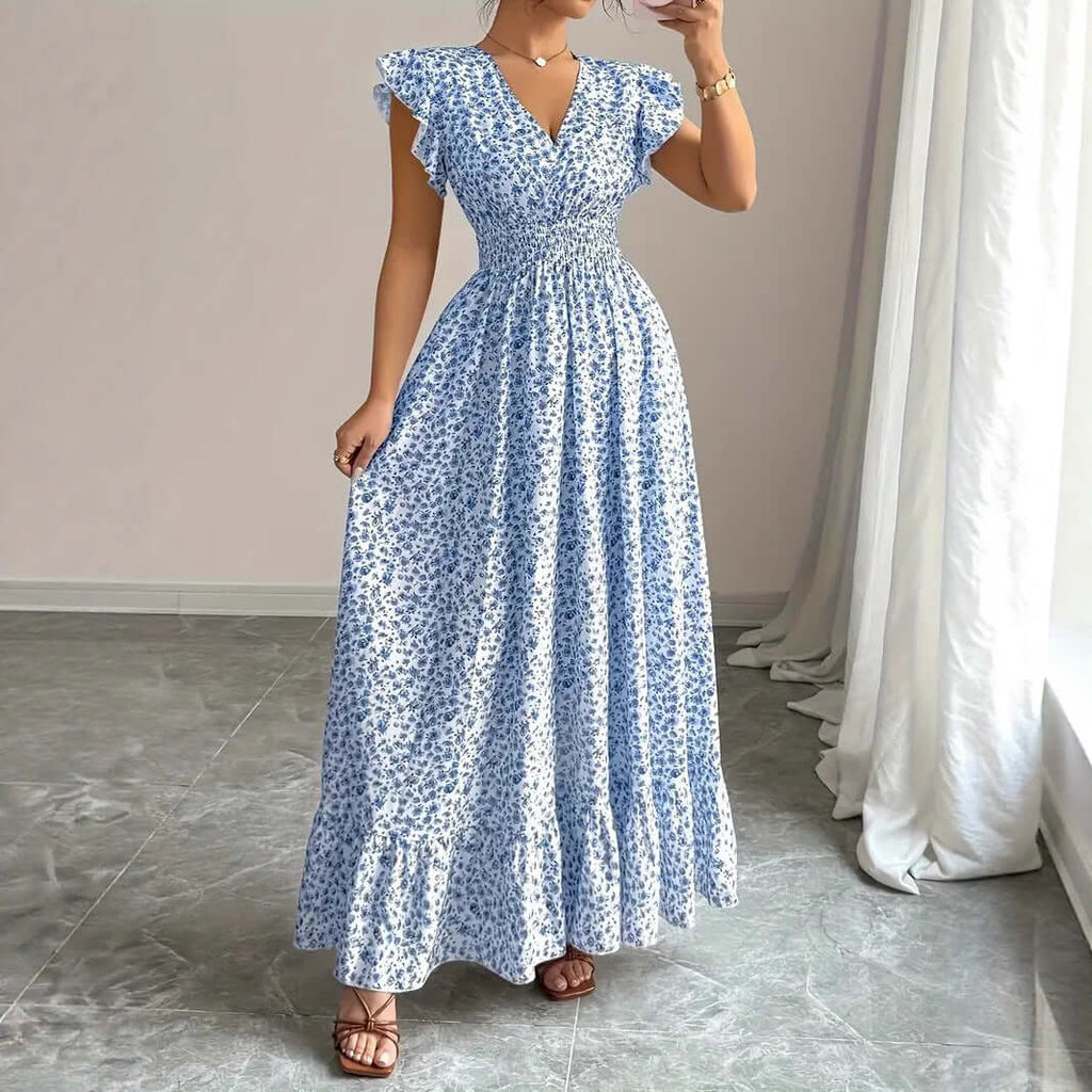Women wearing a women's floral summer dress with ruffle sleeves, perfect for casual spring and summer occasions.