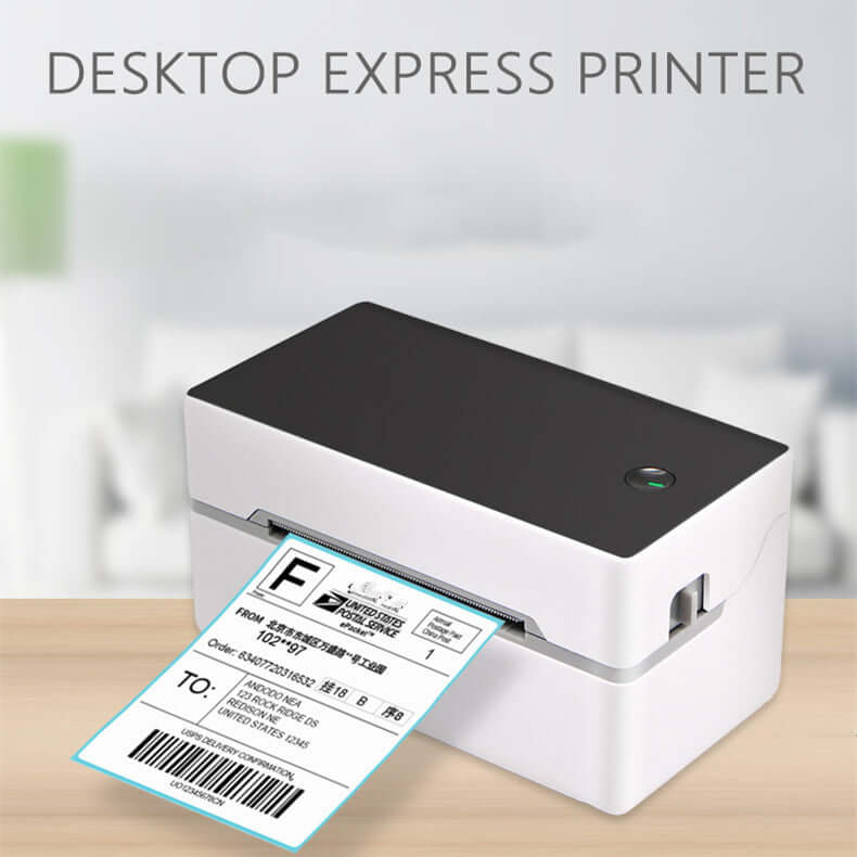 Wireless thermal label printer printing a shipping label on a desk, compact and efficient for home and office use.