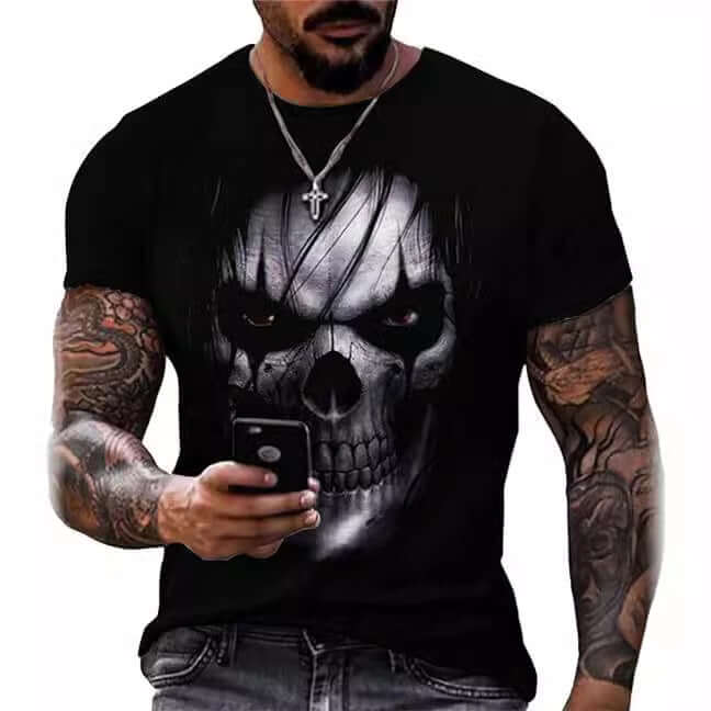 Man wearing a printed short sleeve skull head graphic t-shirt with a striking skull design.