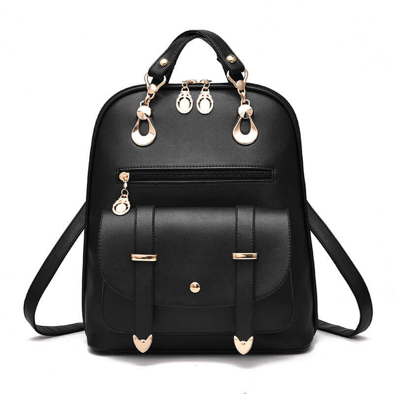 Fashion backpack unisex, stylish black bag with gold accents and multiple compartments.