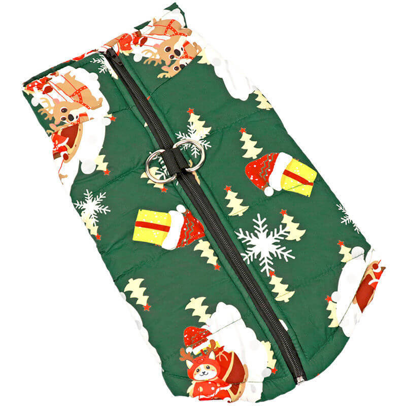 Christmas dog vest featuring festive prints of Santa and snowflakes in green and white color scheme.
