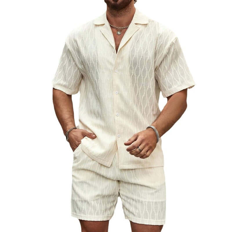 Men's summer tracksuits in milky white color, featuring a stylish short sleeve top and matching shorts for comfortable wear.