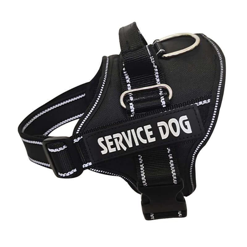Black personalised pet harness for dogs & cats, featuring "SERVICE DOG" custom text, reflective trim, and durable design.