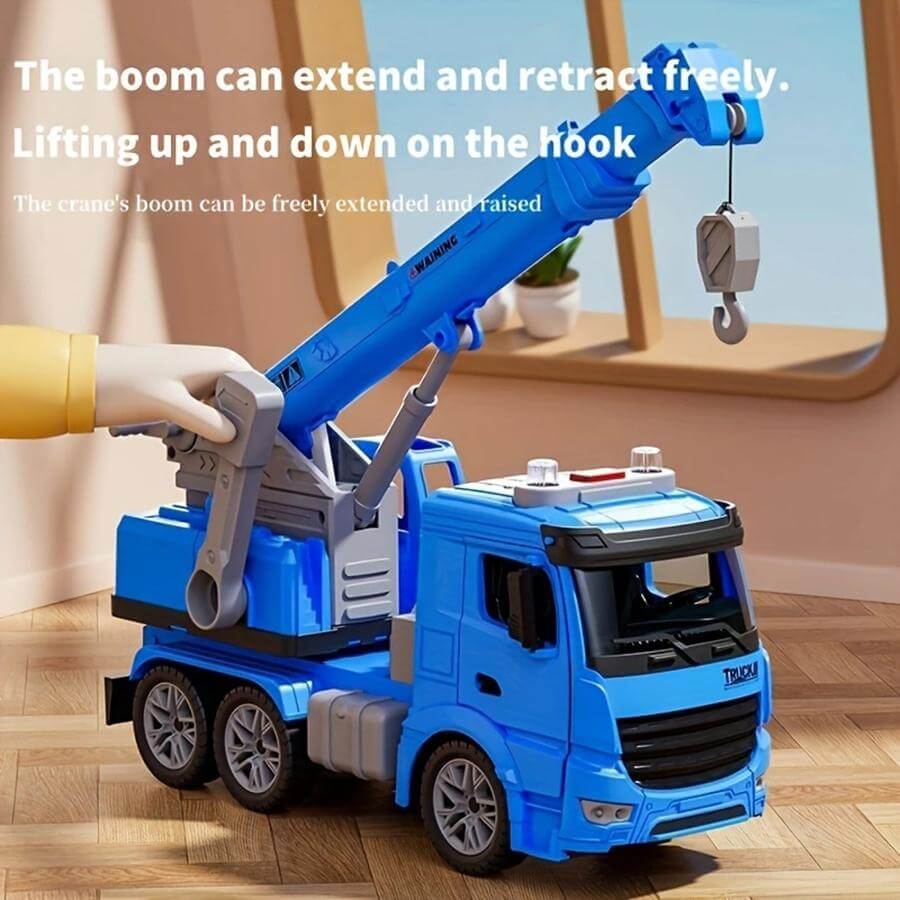 Crane construction toy for kids with extendable boom for creative building and engineering play.