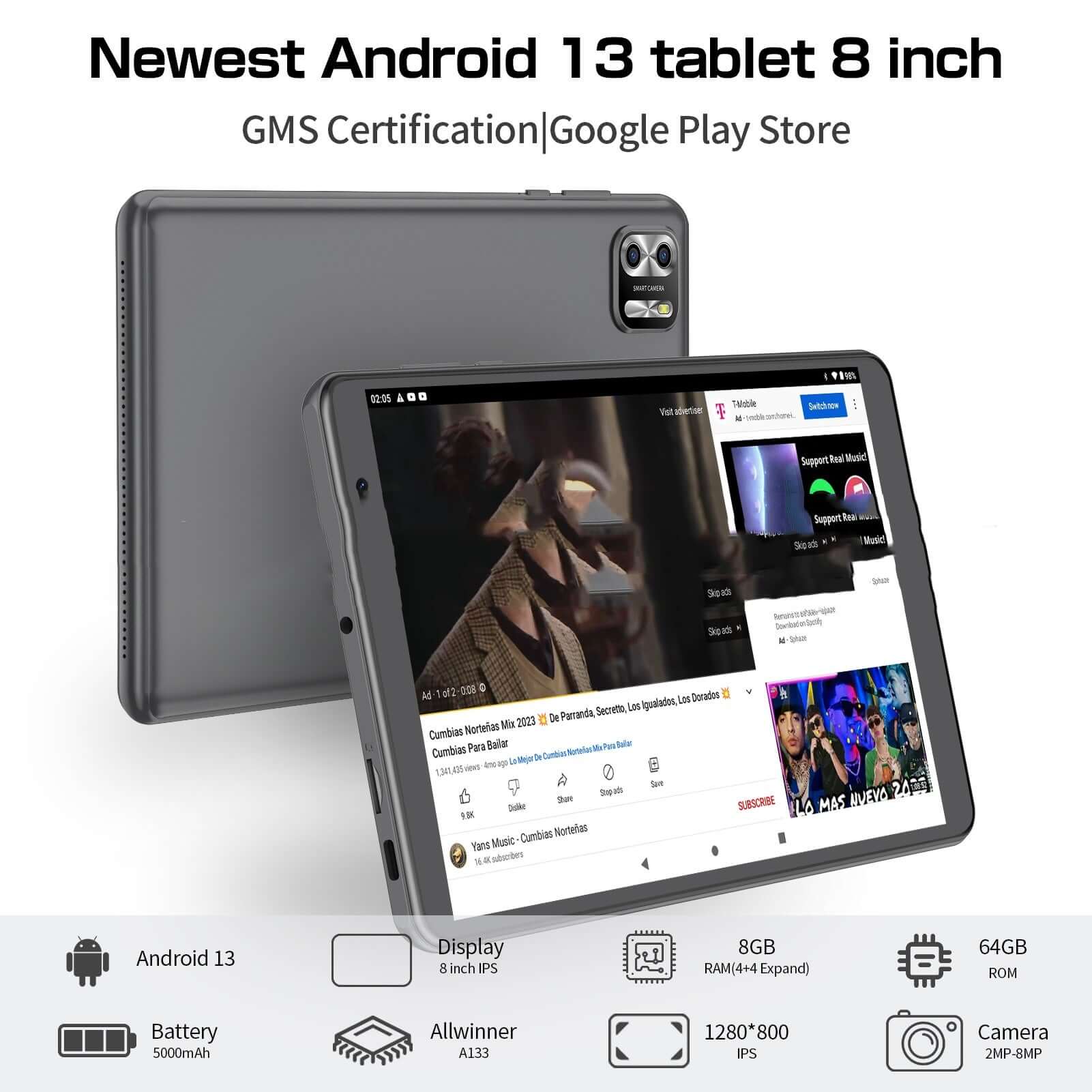 Portable Android tablet for work and study showcasing an 8-inch display and multitasking features.