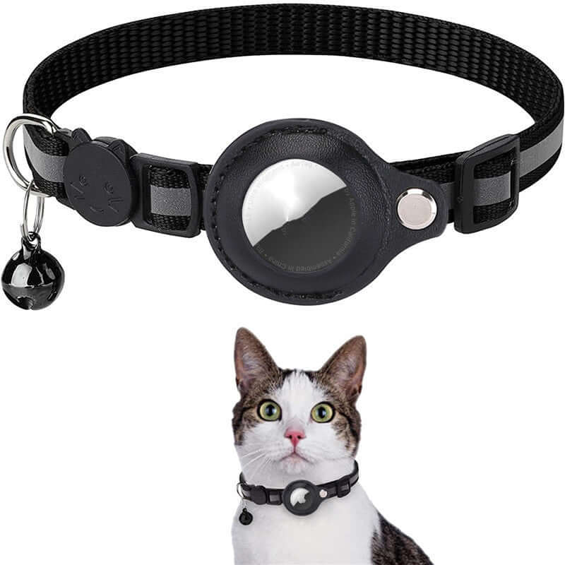 Adjustable nylon pet collar for cats with bell and ID tag holder.