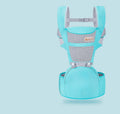 Ergonomic baby carrier with waist support in blue color, designed for comfort and multiple carrying positions.
