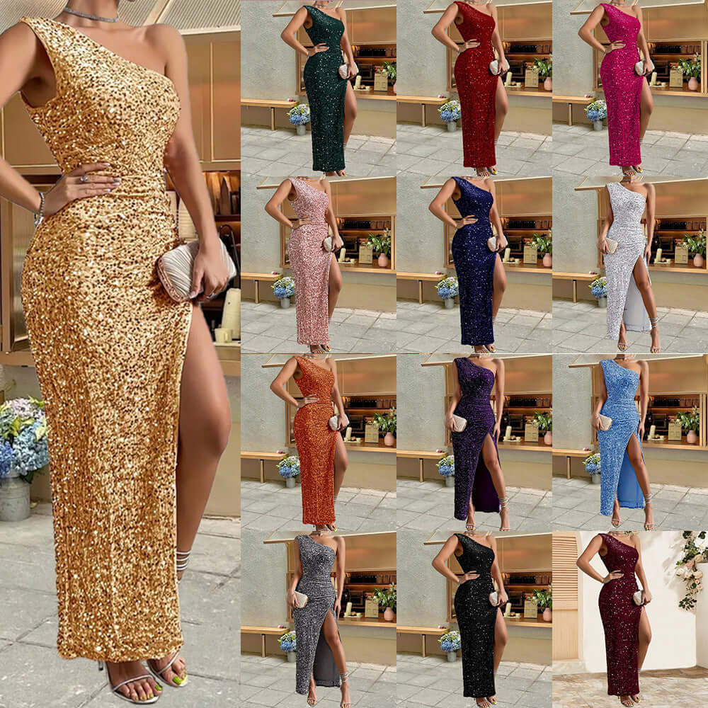 Various styles of a sexy sequined evening dress in gold, green, red, pink, black, and more, showcasing elegant designs.
