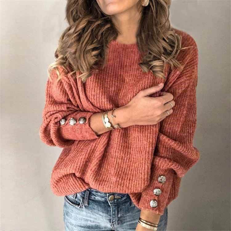 Long sleeve round neck t-shirt in a cozy orange knit with button details and relaxed fit.