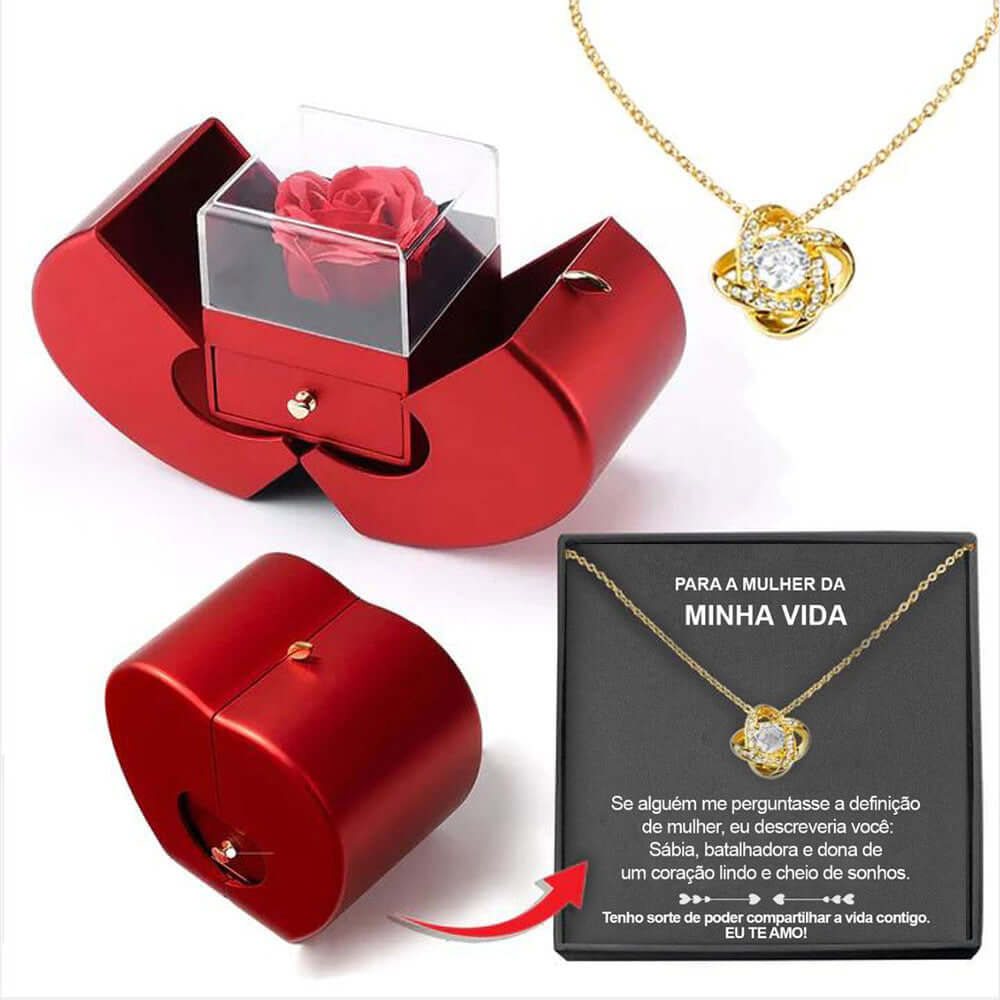 Handmade rose jewelry box with copper accents and soap flower, fruit-shaped gift box with necklace.