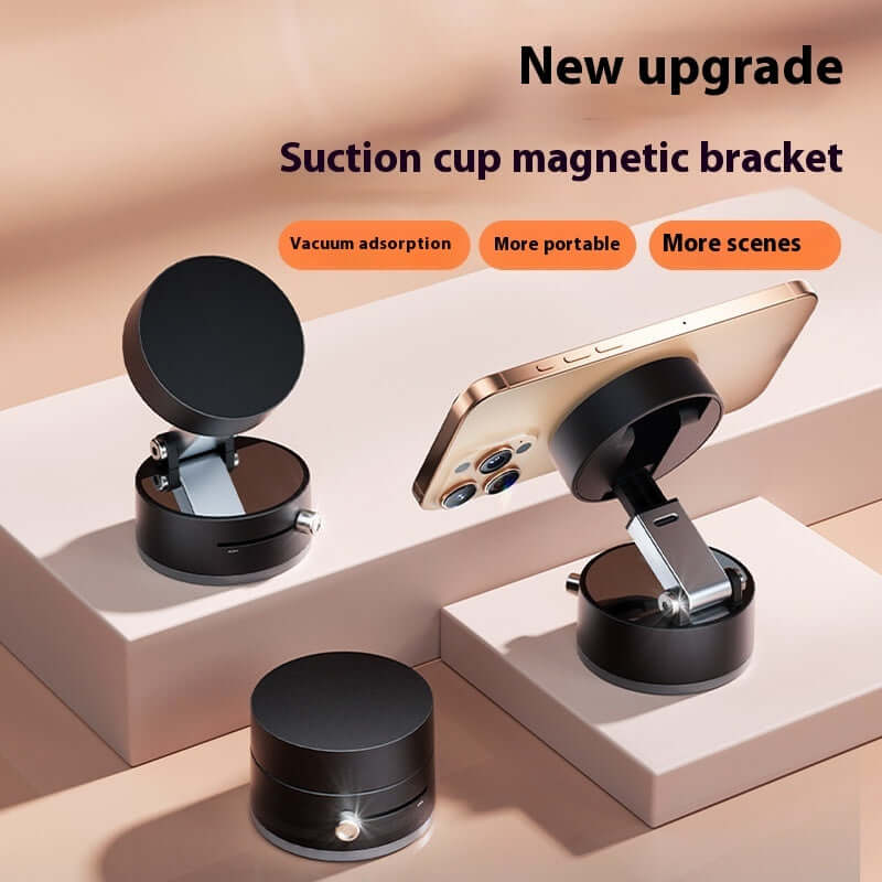 Vacuum suction car phone holder displayed with a magnetic bracket, showcasing its portable and upgraded design.