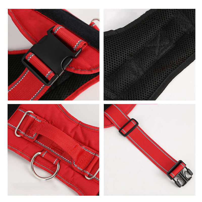 Close-up details of a red personalised pet harness showing the buckle, breathable mesh, D-ring, and reflective straps for dogs & cats.
