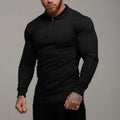 Mens longsleeve polo shirt in black with zip, featuring a slim fit design and long sleeves.