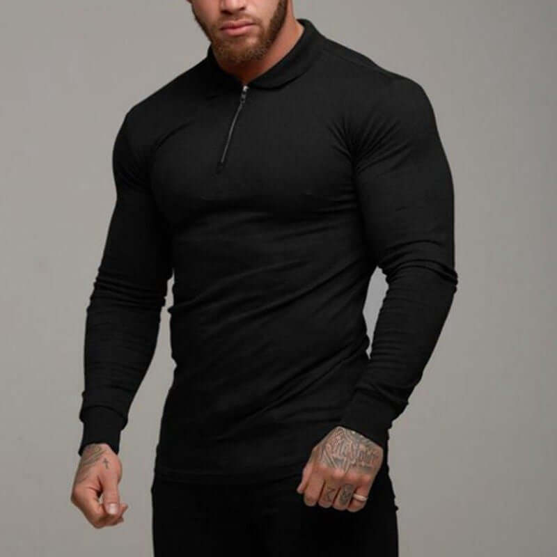Mens longsleeve polo shirt in black with zip, featuring a slim fit design and long sleeves.