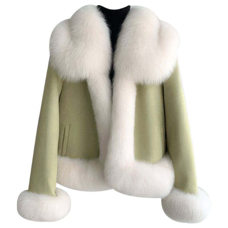 Stylish winter fur coat for women in matcha green with white fur detailing, perfect for casual wear.