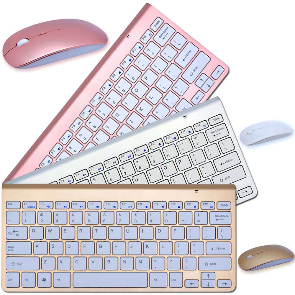 Wireless Bluetooth keyboard mouse combo featuring pink, white, and gold keyboards with matching mice.
