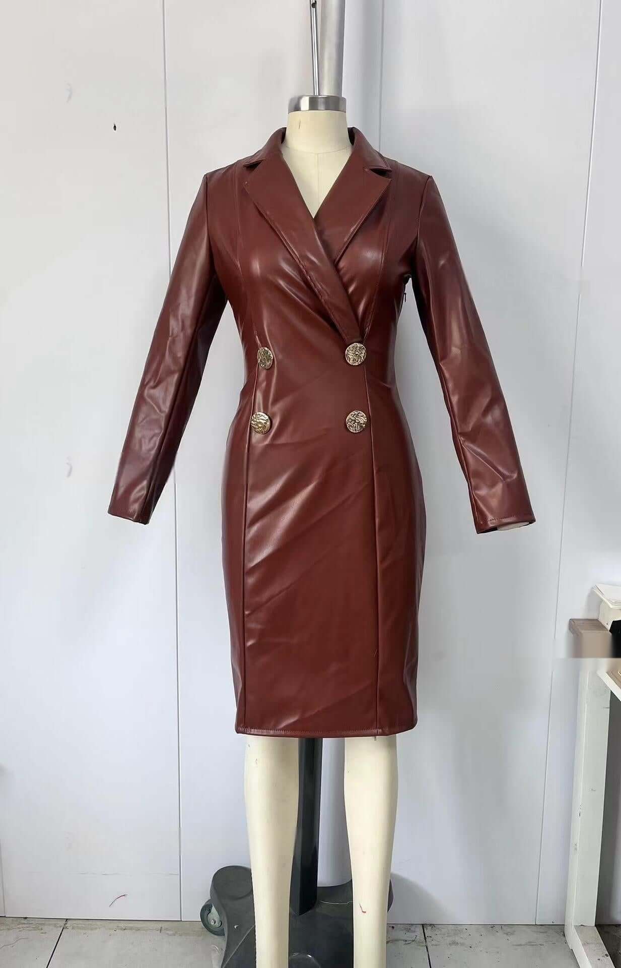 Elegant PU leather coat dress in red-brown with long sleeves and a defined waist featured on a mannequin.